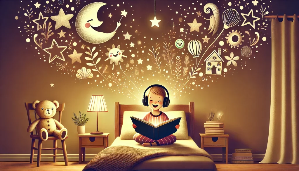 DALL·E 2025-03-10 20.34.58 - A wide-format illustration of a cozy bedtime scene featuring a happy child sitting on a bed, listening to an audio story with headphones. The room is