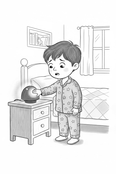 Illustration: Ein Junge im Schlafanzug steht vor seinem Nachtlicht